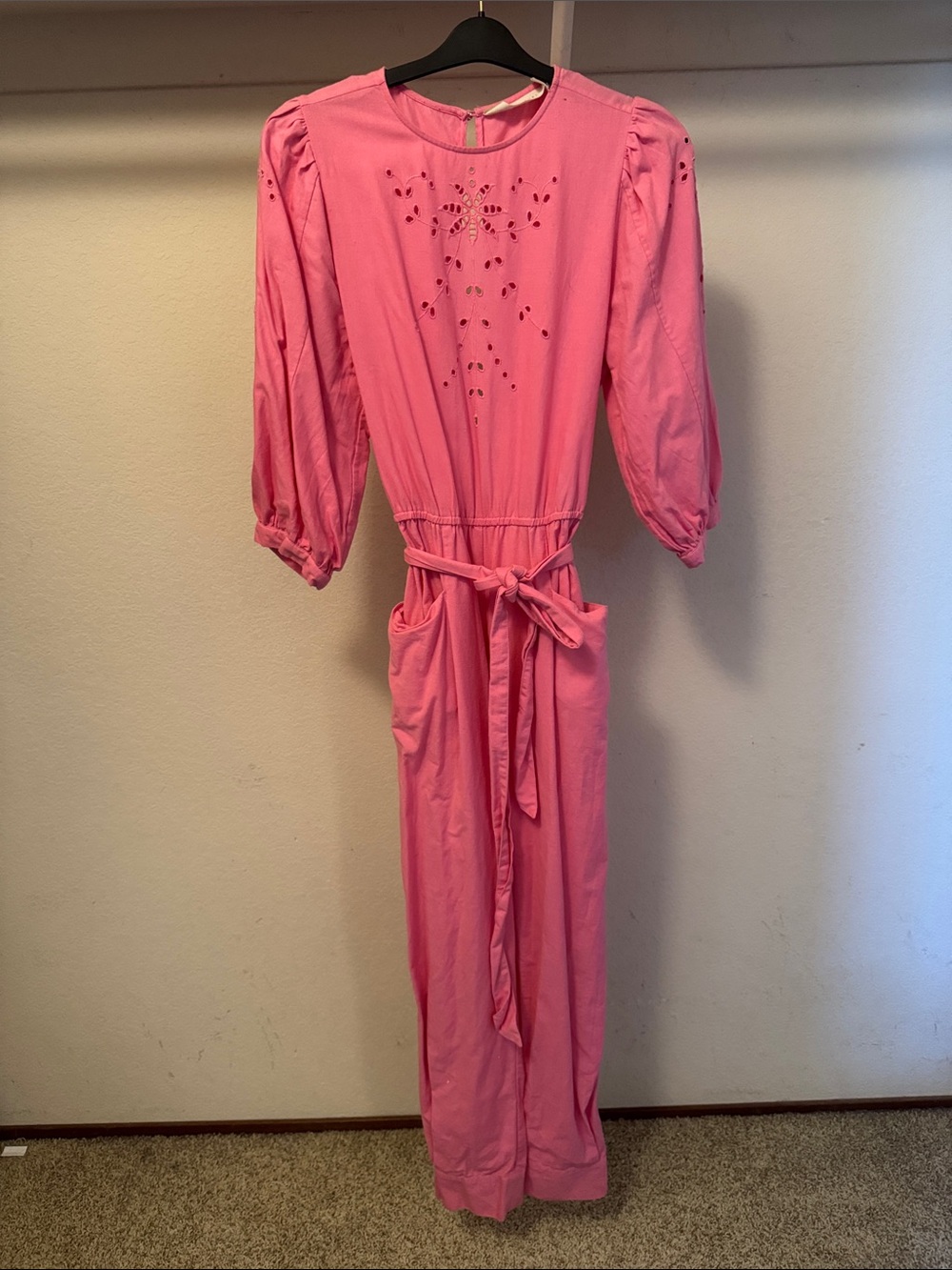 Women's Pink Eyelet Tie-Waist Jumpsuit